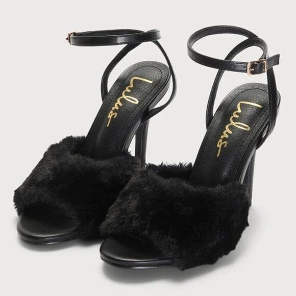 Lulu's Women Faux Fur Ankle Strap High Heel Sandals Cocktail Party Black NEW - Picture 1 of 4
